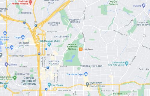 Map showing parts of Atlanta, including Piedmont Park, Atlanta Botanical Garden, and nearby landmarks.