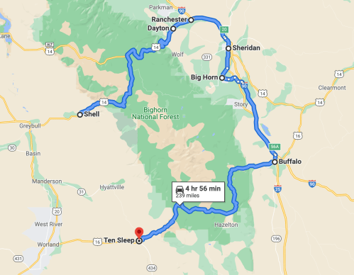 Map showing a route from Ten Sleep to Buffalo, passing through Shell, Ranchester, Dayton, Big Horn, and Sheridan.