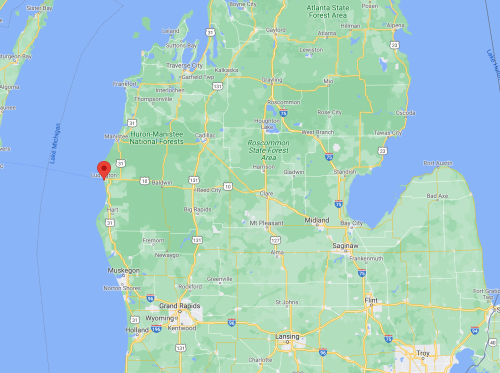 Map of Michigan highlighting the location of Baldwin near the Huron-Manistee National Forest.