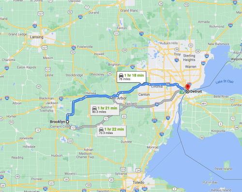 Map showing routes from Brooklyn to Detroit, with estimated travel times and distances for each option.