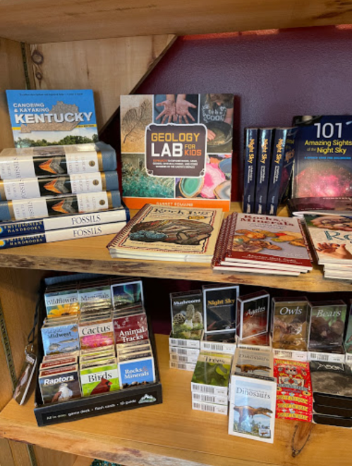 A wooden shelf filled with various children's books about geology, nature, and animals, alongside educational games.