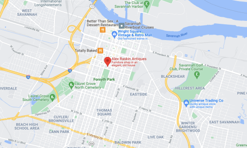 Map showing downtown Savannah, Georgia, highlighting Alex Raskin Antiques and nearby landmarks.
