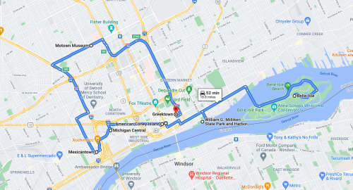 Map showing a route from Motown Museum to Greektown, highlighting a 5.2-minute drive covering 1.8 miles.