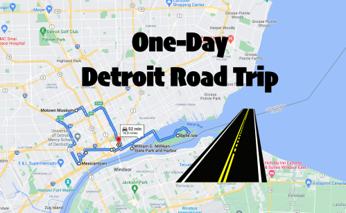 Map of a one-day road trip in Detroit, highlighting key locations and a route with a road graphic.