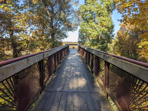 A wooden bridge surrounded by colorful autumn trees, leading to an open area with a clear blue sky.
