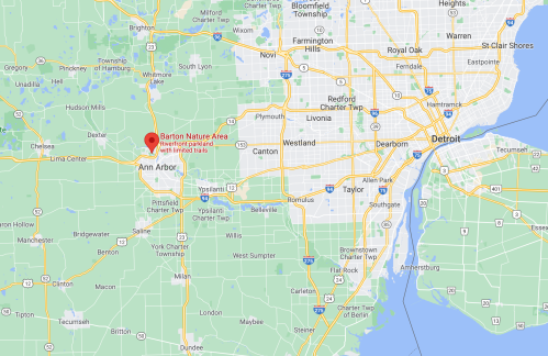 Map showing the location of Barton Nature Area near Ann Arbor, Michigan, with surrounding cities and landmarks.