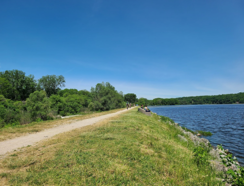 A scenic path along a river, surrounded by greenery and a clear blue sky. People walk in the distance.