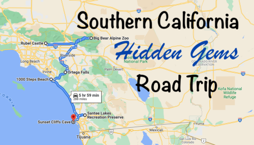 Map showing a road trip route through Southern California, highlighting hidden gems and scenic locations.