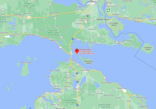 Map showing the location of Grand Hotel on Mackinac Island, Michigan, near Lake Huron and surrounding areas.