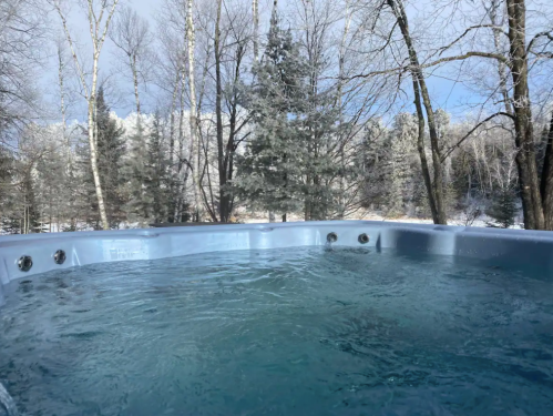 A hot tub filled with water, surrounded by snowy trees and a clear blue sky in a winter landscape.