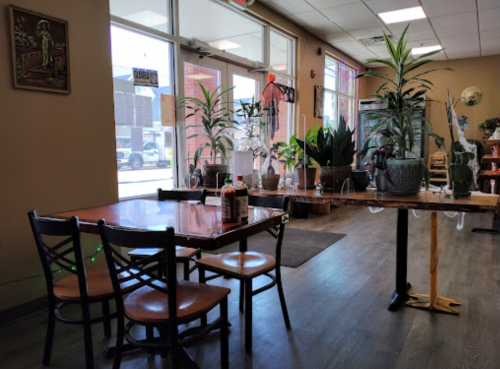 A cozy restaurant interior with a wooden table, chairs, and various potted plants near a large window.