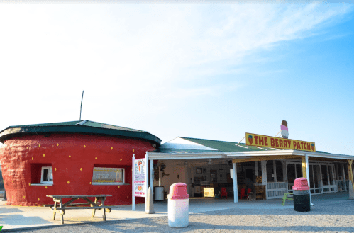 A colorful building shaped like a strawberry, featuring a sign that reads "The Berry Patch" and outdoor seating.