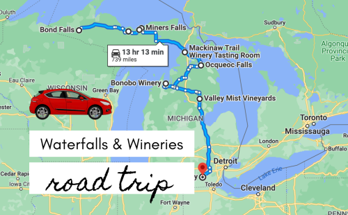 Map showing a road trip route from Bond Falls to various wineries and waterfalls in Michigan, with a red car illustration.