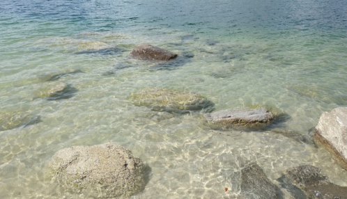 Clear water over smooth rocks, with gentle ripples reflecting sunlight.