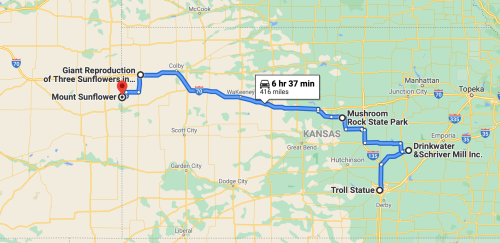 Map showing a route in Kansas with stops at various attractions, including giant sunflowers and a troll statue.