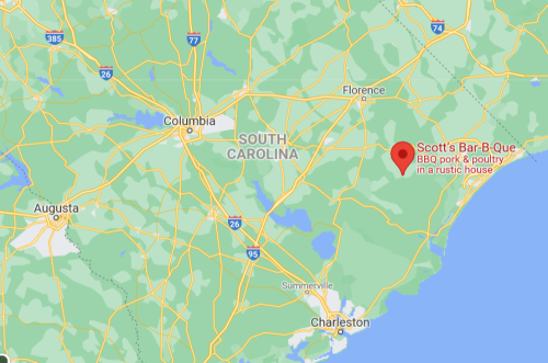Map of South Carolina highlighting Scott's Bar-B-Que, known for BBQ pork and poultry.