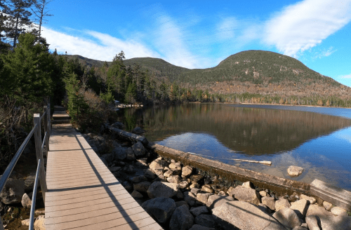 A scenic view of a wooden path beside a calm lake, surrounded by trees and mountains under a clear blue sky.