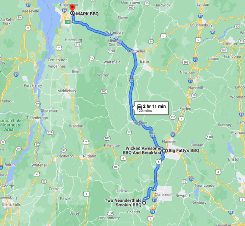 Map showing a route from Colchester, VT, to MARK BBQ, with stops at various BBQ restaurants along the way.