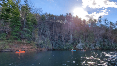 Two kayakers paddle on a calm lake, surrounded by trees and a bright sky with the sun shining above.