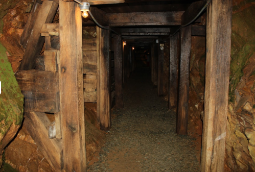 A dimly lit underground tunnel with wooden supports and a gravel floor, surrounded by rocky walls.
