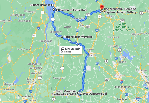 Map showing a route from West Chesterfield to Dog Mountain, including stops at various locations and total travel time.