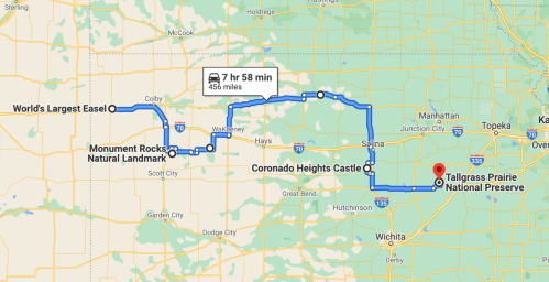 Map showing a road trip route from Tallgrass Prairie National Preserve to various landmarks in Kansas, totaling 456 miles.