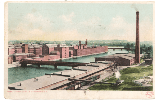 Historic postcard of Amoskeag Mills in Manchester, NH, featuring factories along a river and a prominent smokestack.
