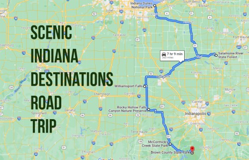 Map showing a scenic road trip route through Indiana, highlighting destinations like Brown County State Park and Williamsport Falls.
