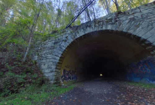 A stone archway tunnel surrounded by greenery, leading to a bright light at the far end. Graffiti decorates the walls.