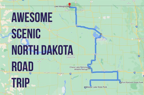 Map of a scenic road trip in North Dakota, highlighting key locations and routes. Text reads "Awesome Scenic North Dakota Road Trip."