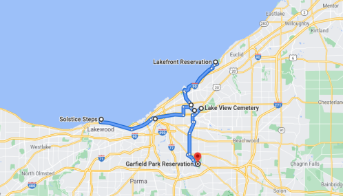 Map showing a route connecting Lakefront Reservation, Lake View Cemetery, Garfield Park Reservation, and Solstice Steps.