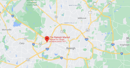 Map showing the location of The Raleigh Market in Raleigh, North Carolina, noted for varied produce since 1971.