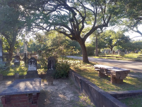 A peaceful cemetery scene with gravestones, trees, and a dirt path under soft sunlight.