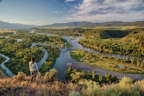 A person stands on a hillside overlooking a winding river surrounded by lush greenery and mountains in the distance.