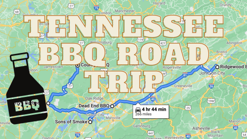 Map of Tennessee highlighting a BBQ road trip route with locations like Dead End BBQ and Smokin' locations.