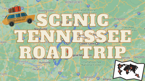 Map of Tennessee highlighting a scenic road trip route, with a car and suitcase graphic.