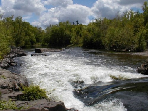 A flowing river surrounded by lush green trees and rocky banks under a partly cloudy sky.