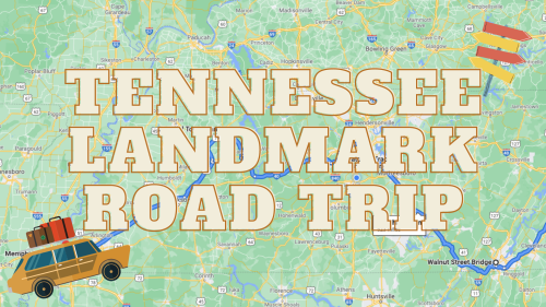 Map of Tennessee highlighting a road trip route with "Tennessee Landmark Road Trip" text and a car with luggage.