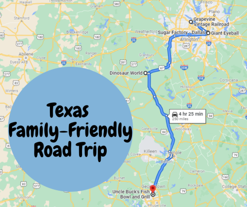 Map highlighting a family-friendly road trip route in Texas, featuring destinations like Dinosaur World and Uncle Buck's.