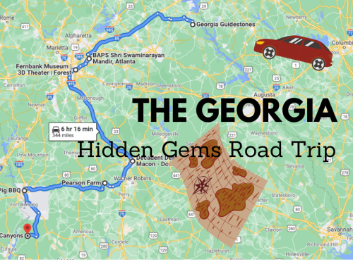 Map of a road trip in Georgia highlighting hidden gems, featuring landmarks and a car icon.