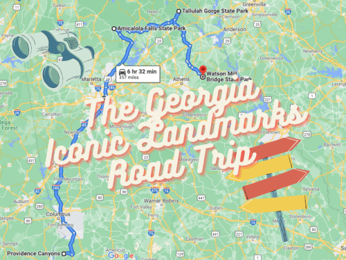 Map highlighting a road trip route through Georgia's iconic landmarks, featuring binoculars and playful text.