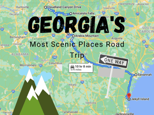 Map highlighting a road trip route through Georgia's scenic places, featuring Jekyll Island and travel time.