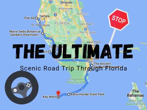 Map of Florida highlighting a scenic road trip route to Key West, with a stop sign and a steering wheel graphic.