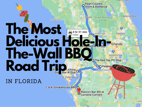 Map of Florida highlighting a BBQ road trip with text overlay: "The Most Delicious Hole-In-The-Wall BBQ Road Trip."