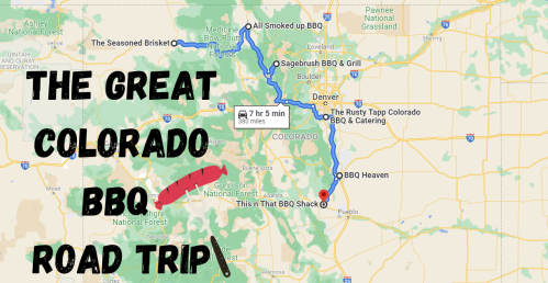 Map showing a route for "The Great Colorado BBQ Road Trip" with various BBQ locations marked along the way.