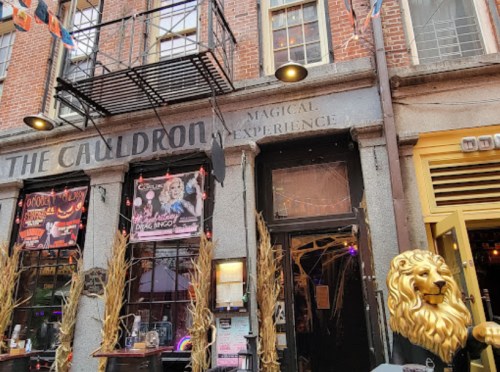 Exterior of "The Cauldron," featuring a sign that reads "Magical Experience," with festive decorations and a lion statue.