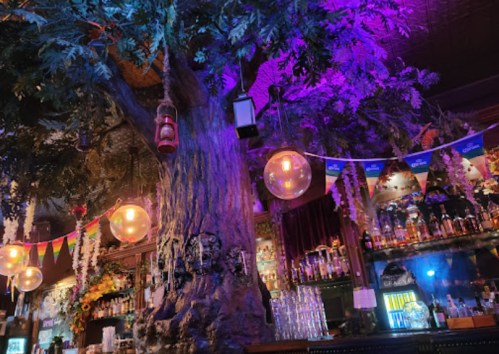 A vibrant bar interior featuring a large tree, colorful lights, hanging lanterns, and a well-stocked shelf of drinks.