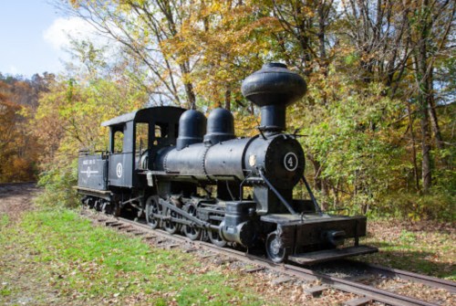 A vintage black steam locomotive on a railway track surrounded by autumn foliage.