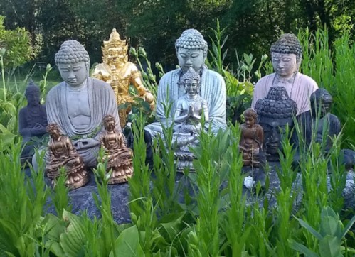 A serene garden scene featuring various Buddha statues surrounded by lush green plants.