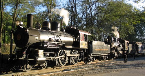 A vintage steam locomotive with billowing smoke, parked beside another train in a wooded area.